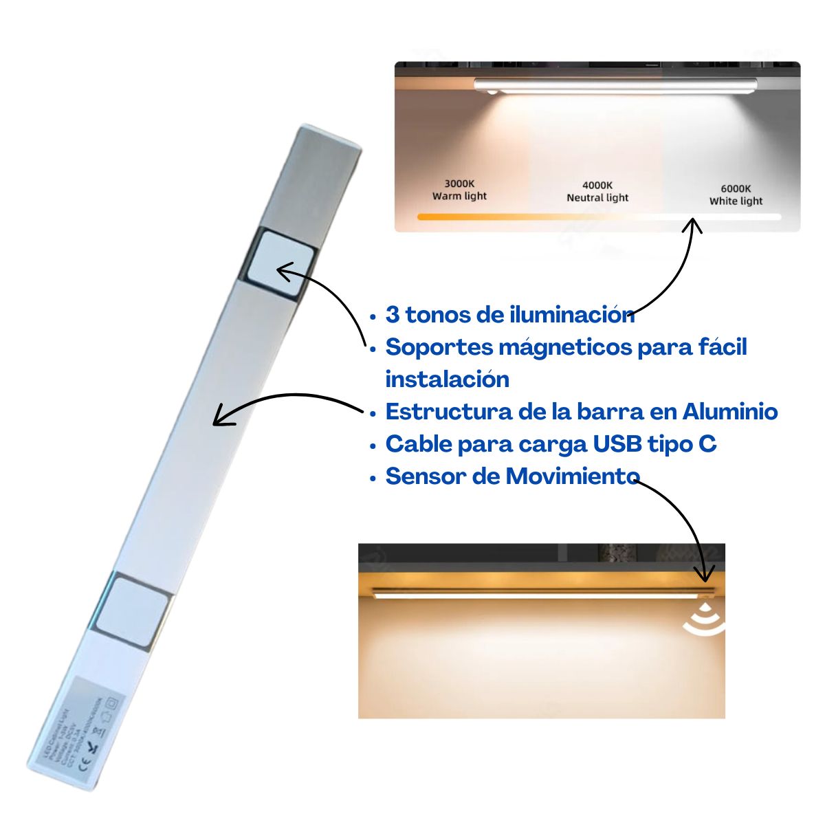 Luz Barra Led 40cms Sensor De Movimiento Recargable
