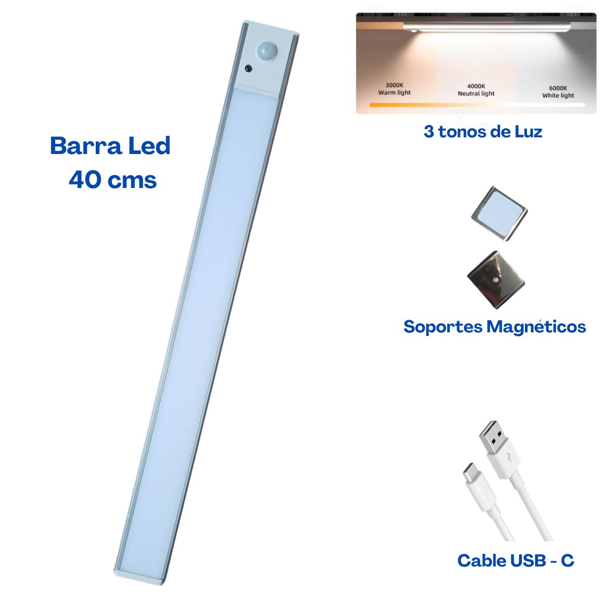 Luz Barra  Led 40cms Sensor De Movimiento Recargable