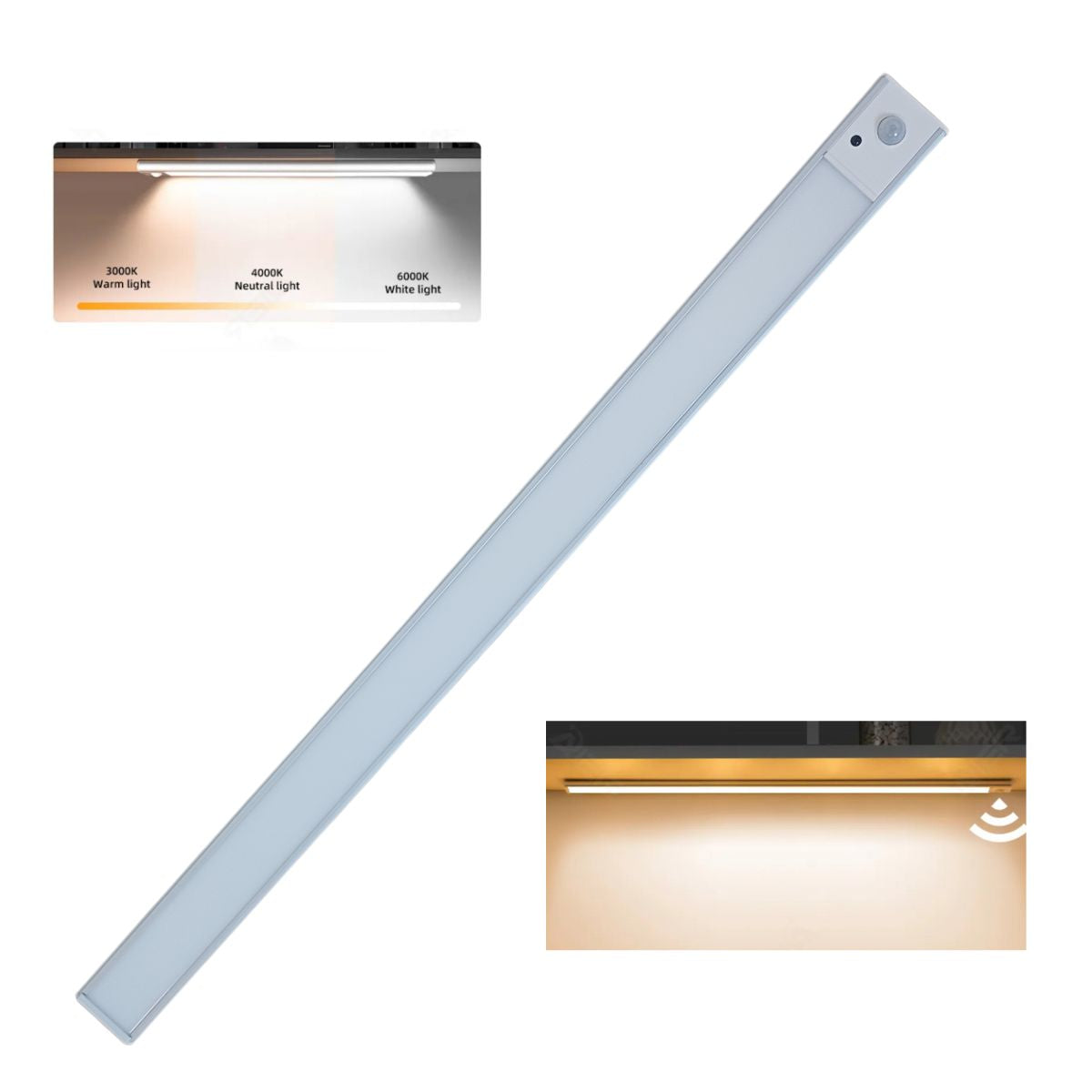 Luz Barra Led 60cms , sensor de movimiento, recargable USB, 3 colores para armario, cocina