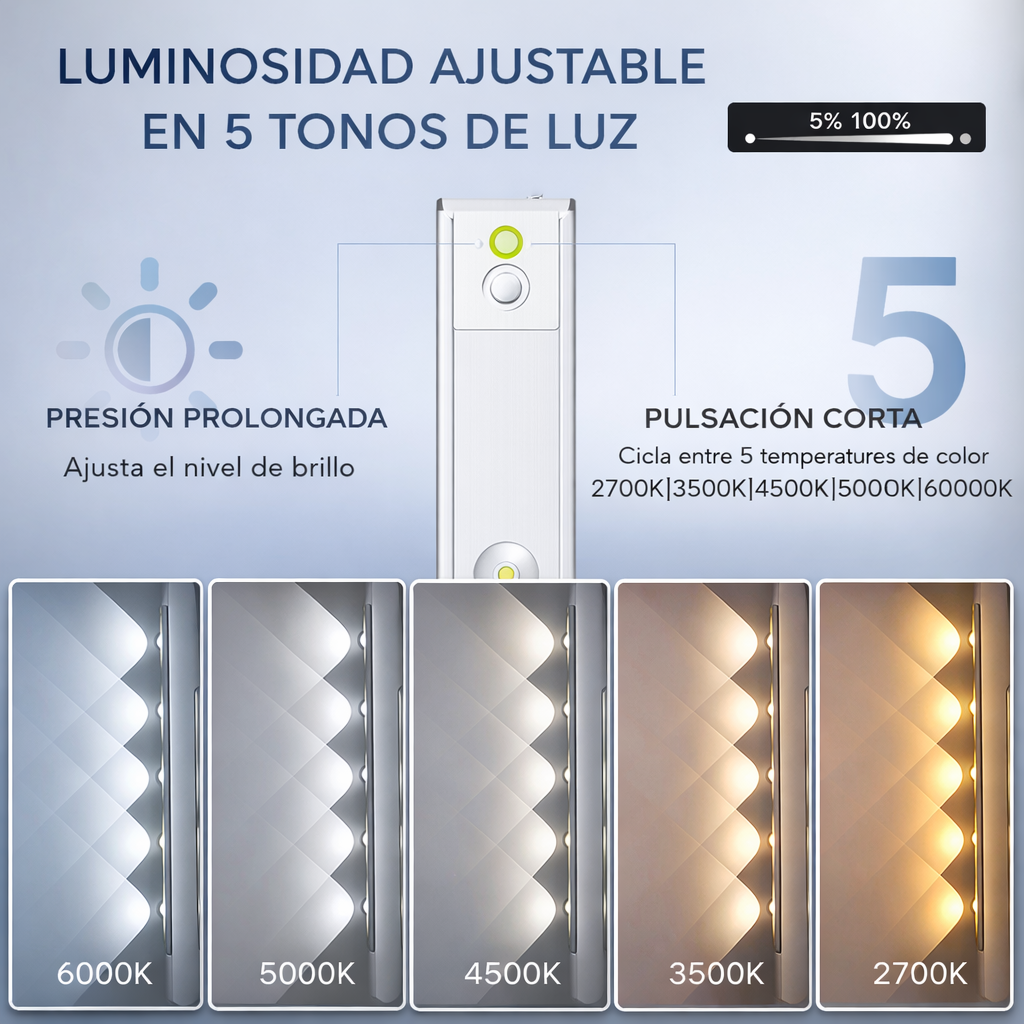 Barra Led 80cms, 6 spots de luz , sensor de movimiento, recargable USB, 5 tonos de luz,  para armario, cocina, escritori - imagen 4