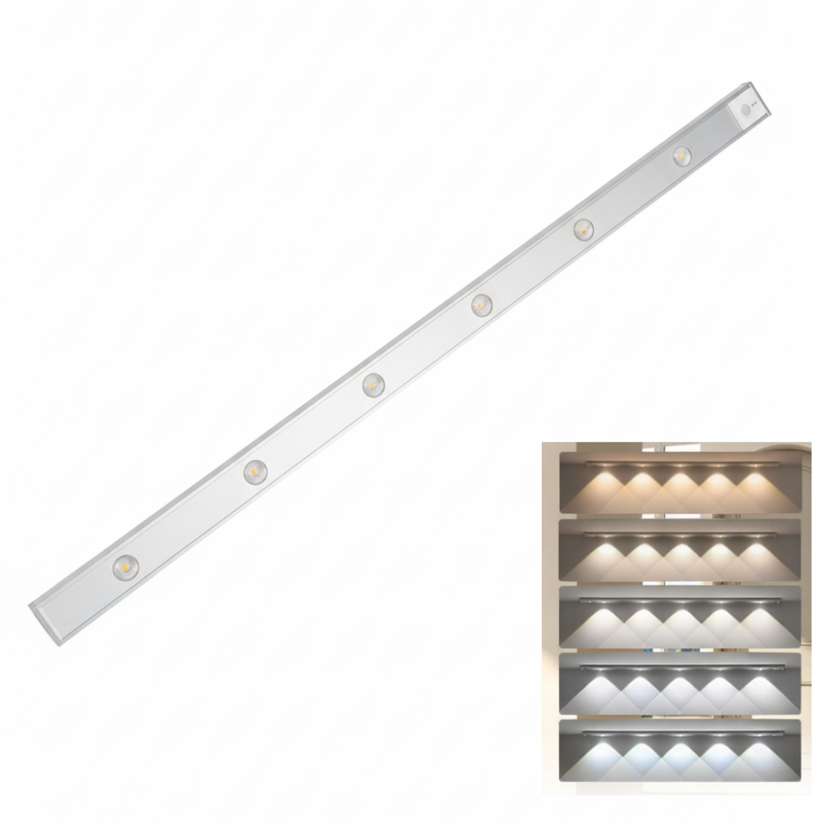 Barra Led 80cms, 6 spots de luz , sensor de movimiento, recargable USB, 5 tonos de luz,  para armario, cocina, escritori