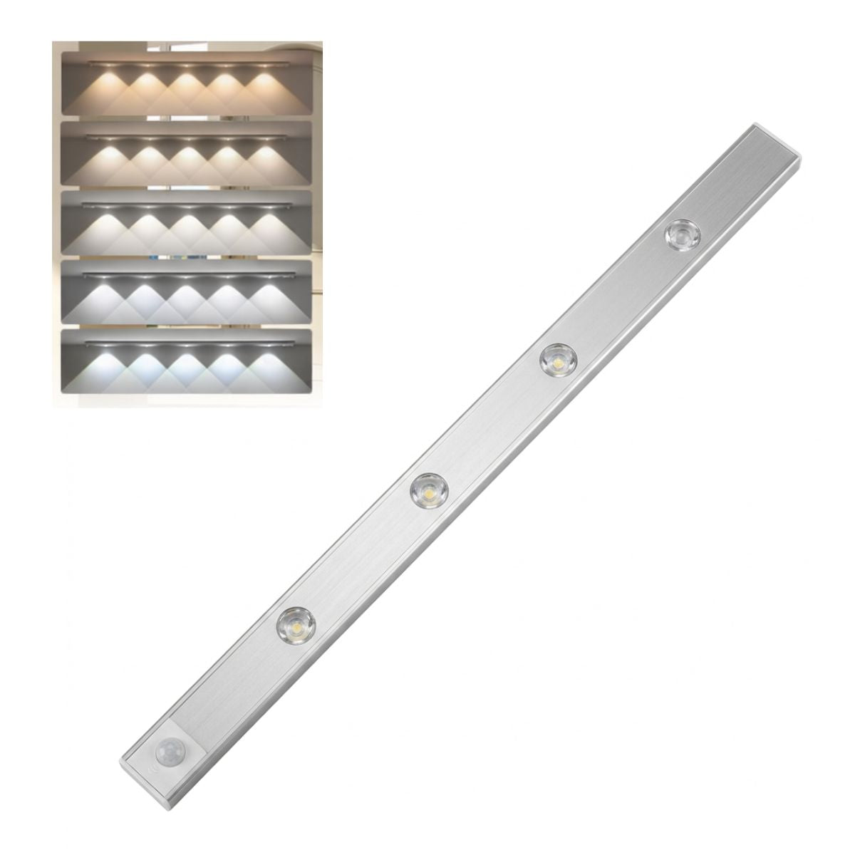Barra Led 60cms, 4 spots de luz , sensor de movimiento, recargable USB, 5 tonos de luz,  para armario, cocina